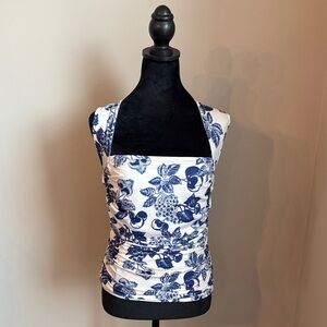 Free People Floral Blue and White Ruched Strappy Top sz M